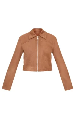 Brown Shoulder Pad Detail Faux Suede Jacket