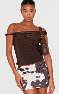 Brown Slinky Basic Cow Print Low Rise Extreme Micro Mini Skirt