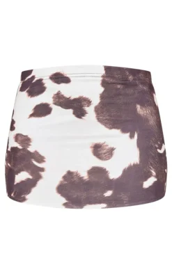 Brown Slinky Basic Cow Print Low Rise Extreme Micro Mini Skirt