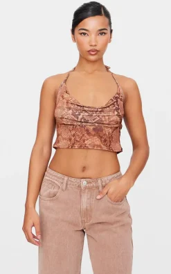 Brown Slinky Snake Skin Cowl Open Back Halterneck Top
