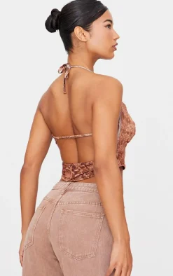 Brown Slinky Snake Skin Cowl Open Back Halterneck Top