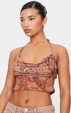 Brown Slinky Snake Skin Cowl Open Back Halterneck Top