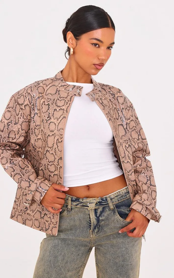 Brown Snake Faux Leather Zip Up Jacket