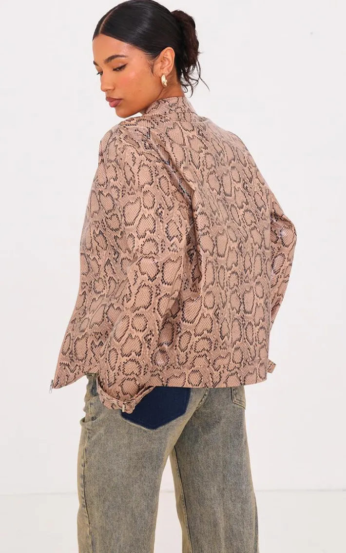 Brown Snake Faux Leather Zip Up Jacket