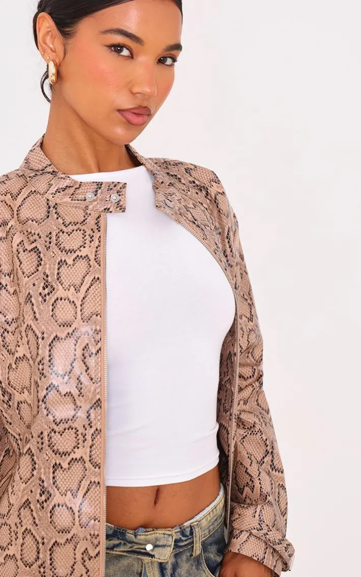 Brown Snake Faux Leather Zip Up Jacket
