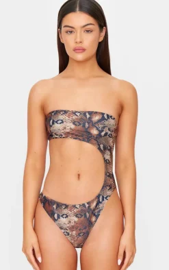 Brown Snake Print Bandeau Cut Out Swimsuit