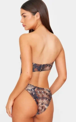 Brown Snake Print Bandeau Cut Out Swimsuit