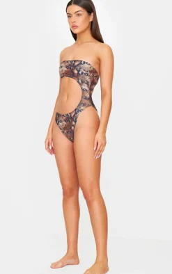 Brown Snake Print Bandeau Cut Out Swimsuit