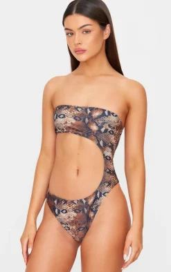Brown Snake Print Bandeau Cut Out Swimsuit