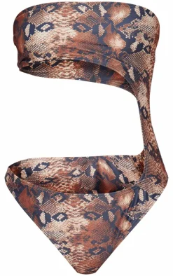 Brown Snake Print Bandeau Cut Out Swimsuit