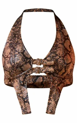 Brown Snake Print Faux Leather Belt Detail Sleeveless Vest