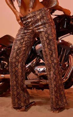 Brown Snake Print Faux Leather Belt Detail Pants