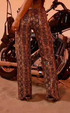 Brown Snake Print Faux Leather Belt Detail Pants