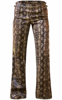 Brown Snake Print Faux Leather Belt Detail Pants