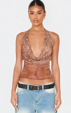 Brown Snake Print Mesh Cowl Halterneck Crop Top