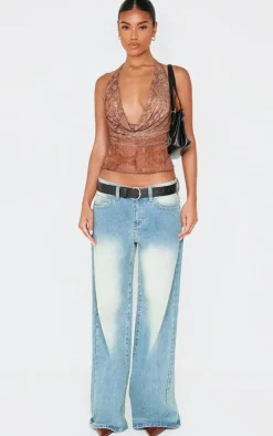 Brown Snake Print Mesh Cowl Halterneck Crop Top