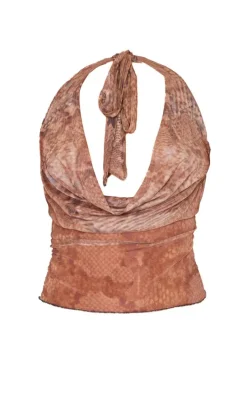 Brown Snake Print Mesh Cowl Halterneck Crop Top