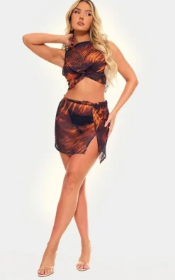 Brown Snake Print Mesh Knot Front Racer Crop Top