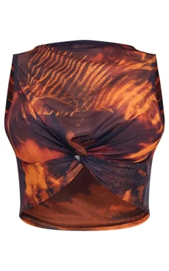 Brown Snake Print Mesh Knot Front Racer Crop Top