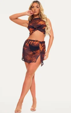 Brown Snake Print Mesh Knot Detail Micro Mini Skirt