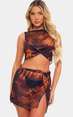 Brown Snake Print Mesh Knot Detail Micro Mini Skirt