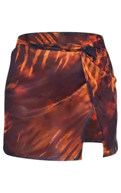 Brown Snake Print Mesh Knot Detail Micro Mini Skirt