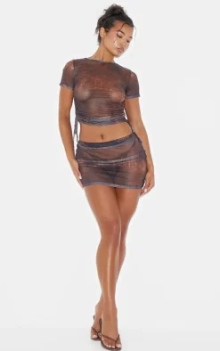 Brown Snake Print Mesh Micro Mini Skirt