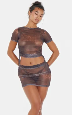 Brown Snake Print Mesh Micro Mini Skirt