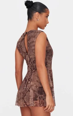 Brown Snake Print Mesh Rara Skort Romper