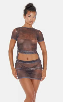 Brown Snake Print Mesh Short Sleeve Ruched Side Crop Top