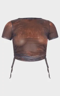 Brown Snake Print Mesh Short Sleeve Ruched Side Crop Top