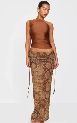 Brown Snake Print Ruched Side Maxi Skirt