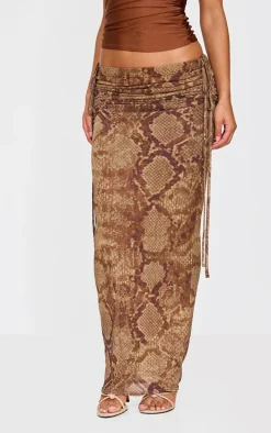 Brown Snake Print Ruched Side Maxi Skirt
