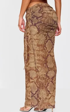 Brown Snake Print Ruched Side Maxi Skirt