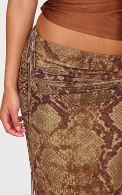 Brown Snake Print Ruched Side Maxi Skirt