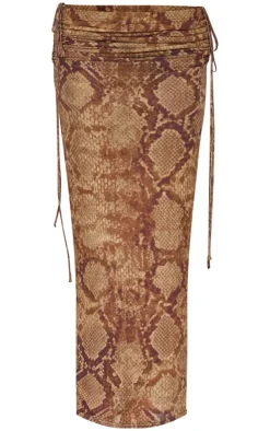Brown Snake Print Ruched Side Maxi Skirt