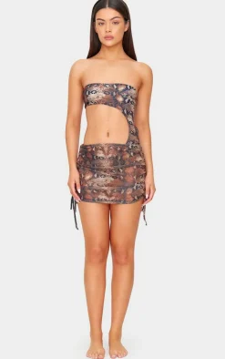 Brown Snake Print Ruched Detail Mesh Beach Skirt