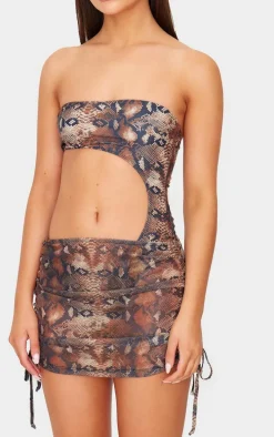 Brown Snake Print Ruched Detail Mesh Beach Skirt