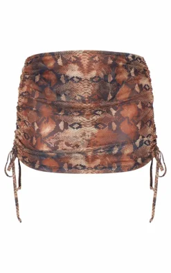 Brown Snake Print Ruched Detail Mesh Beach Skirt