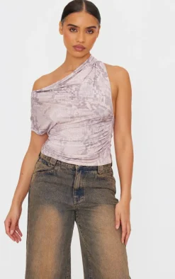 Brown Snake Print Slinky Backless Asymmetric Long Top