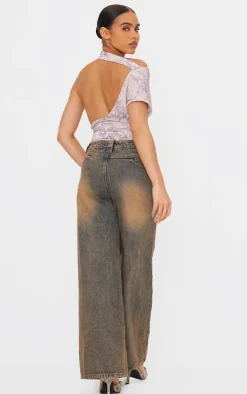 Brown Snake Print Slinky Backless Asymmetric Long Top