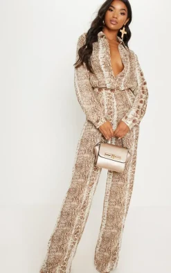 Brown Snake Print Wide Leg Pants