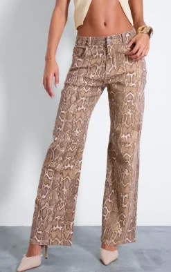 Brown Snake Print Wide Leg Jeans
