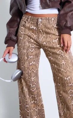 Brown Snake Print Wide Leg Jeans