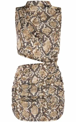 Brown Snake Satin High Neck Cut Out Mini Dress
