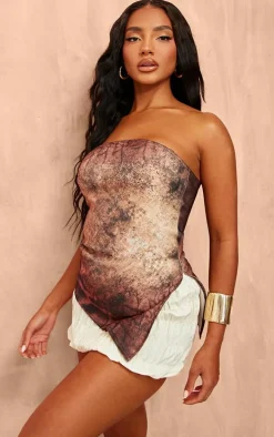 Brown Snake Skin Asymmetric Hem Bandeau Top