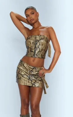 Brown Snakeskin Faux Leather Buckle Detail Bandeau Corset