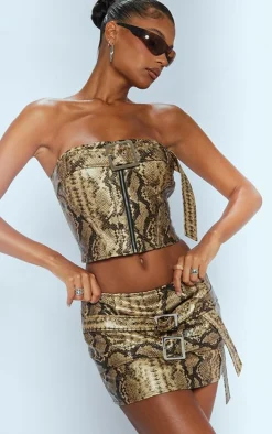 Brown Snakeskin Faux Leather Buckle Detail Bandeau Corset