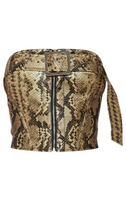 Brown Snakeskin Faux Leather Buckle Detail Bandeau Corset
