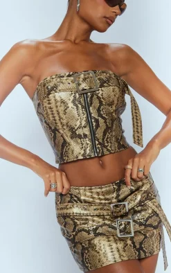 Brown Snakeskin Faux Leather Buckle Detail Extreme Micro Mini Skirt